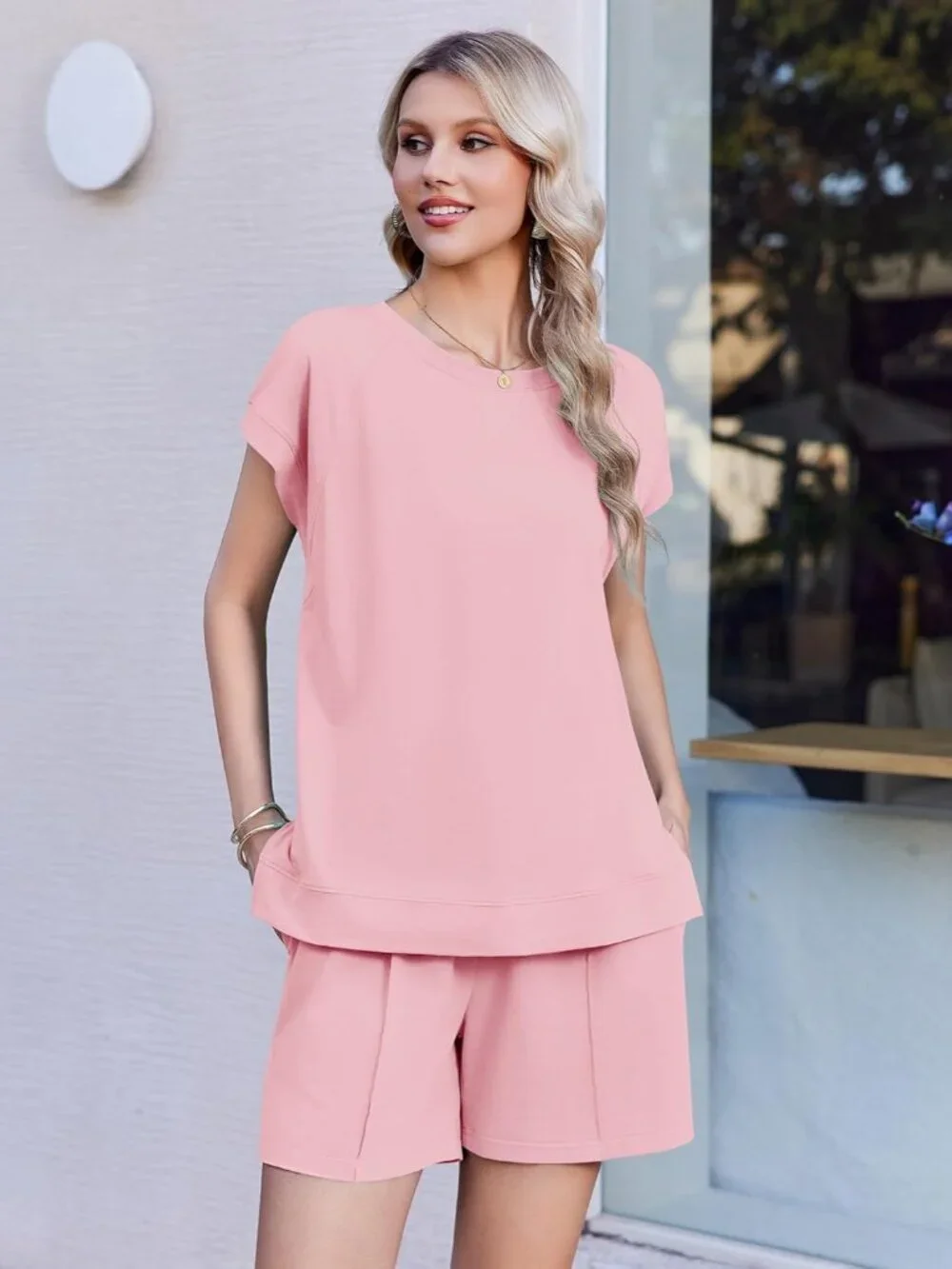 Womens Cotton 2 Piece Outfits Cap Sleeve Short Sets Crew Neck Matching Sets Summ